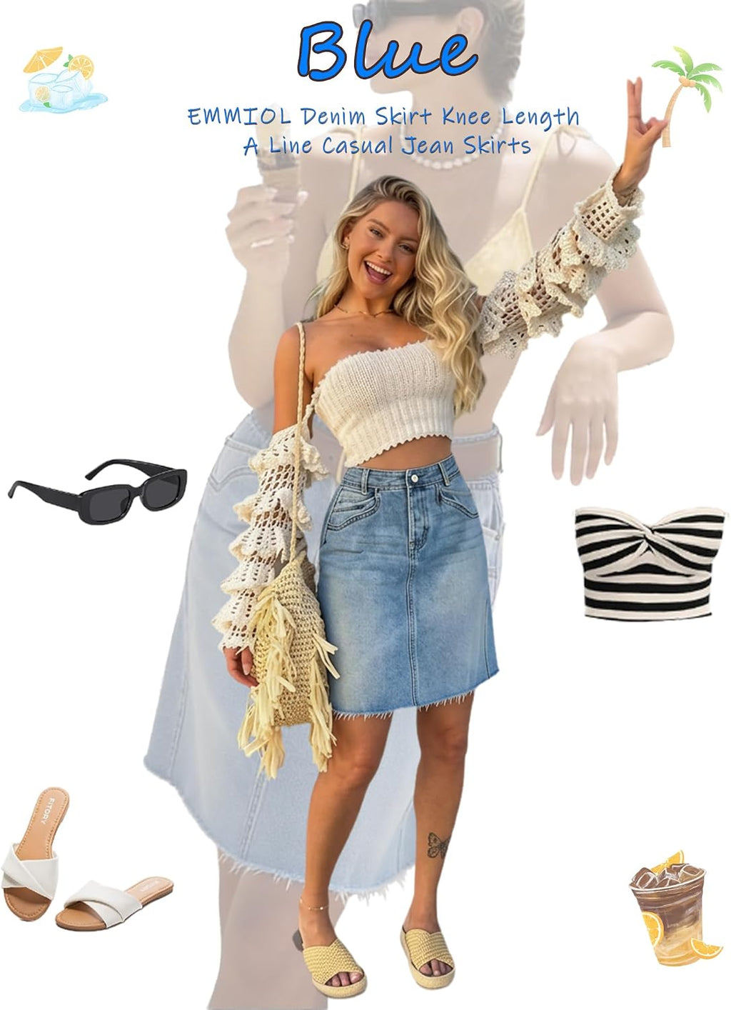 EMMIOL Women's Stretchy Denim Skirt High Waist Summer Casual Jean Skirts