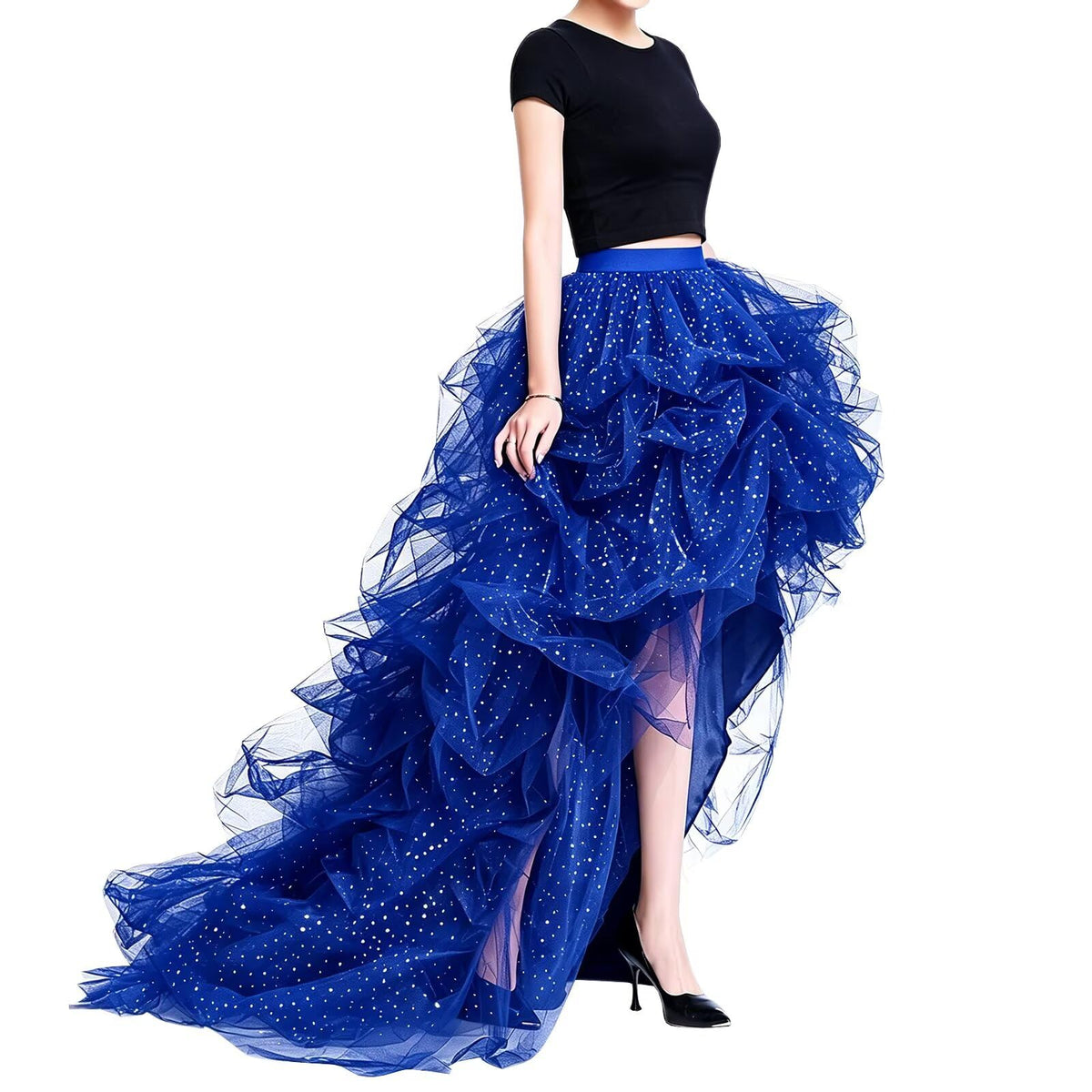 WDPL Women’s High Low Ruffled Tulle Skirt, Long Back Hem for Party Evening