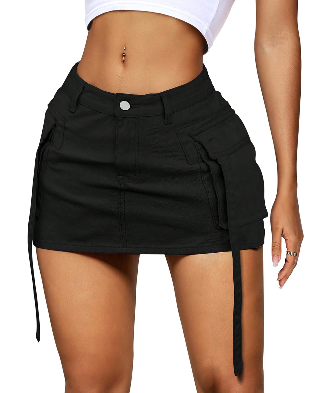 YZEGGO Womens Cargo Skirt Low Waist Button Denim Mini Skirt Summer Y2k Jean Skirt with Flap Pockets