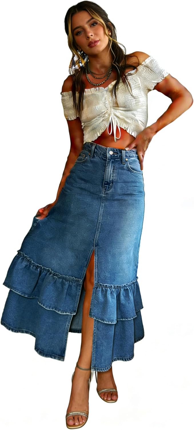 utcoco Women's High Waist Long Denim Skirt Sexy Slit Tiered Ruffle Swing A-Line Jean Maxi Skirt with Pockets
