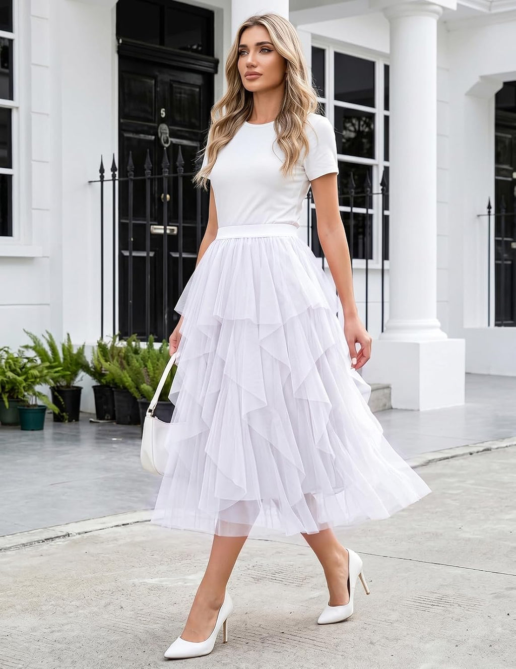 DRESSTELLS Women's Tulle Skirts, Midi Long A-line Elastic High Waist Fairy Tutu Skirt with Layered Ruffle
