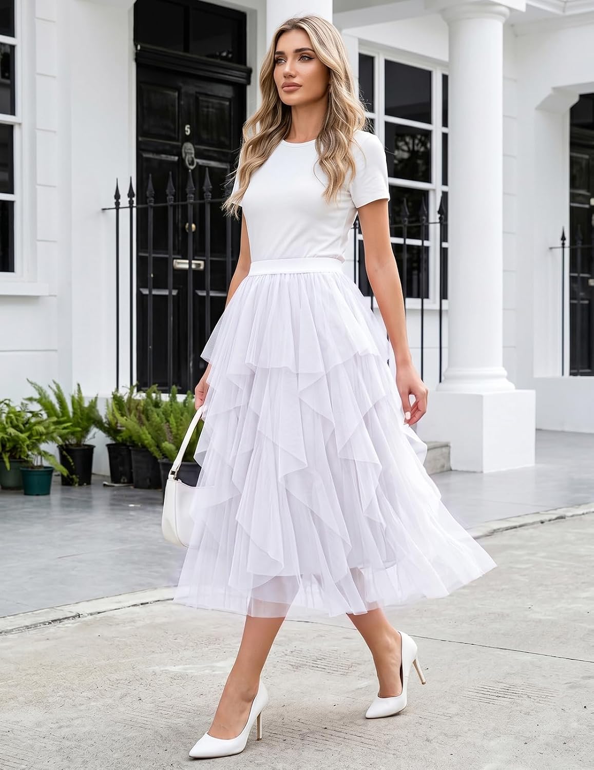 DRESSTELLS Women's Tulle Skirts, Midi Long A-line Elastic High Waist Fairy Tutu Skirt with Layered Ruffle