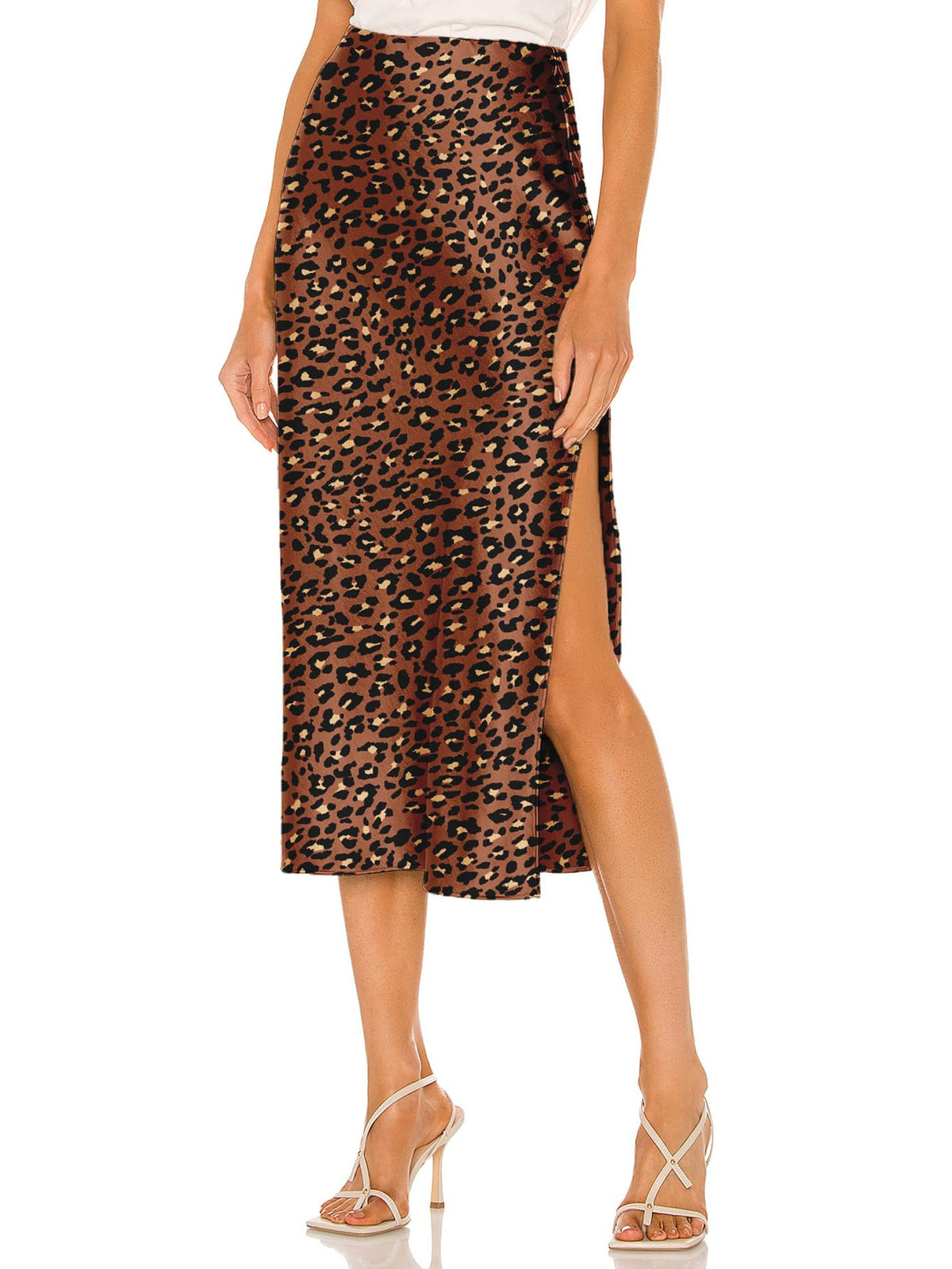 Womens Satin Silk High Waist Slit Midi Skirt Elastic Waistband Midi Skirts for Women