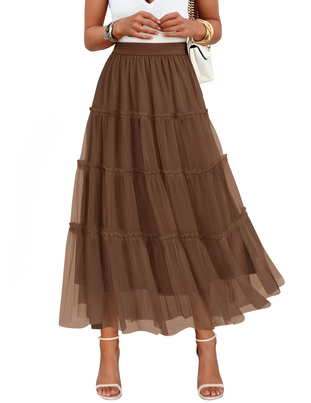 ZESICA Women's Tulle A-Line Flowy Ruffle Tiered Fall Trendy Maxi Skirts