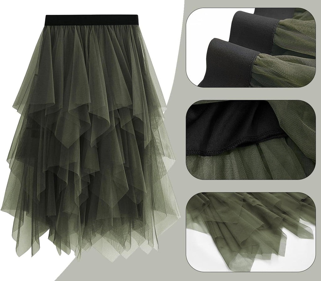 Tulle Skirts for Women Midi Long Tutu Skirt A-Line Mesh Layered Fairy Trendy High Elastic Waist Halloween Skirts