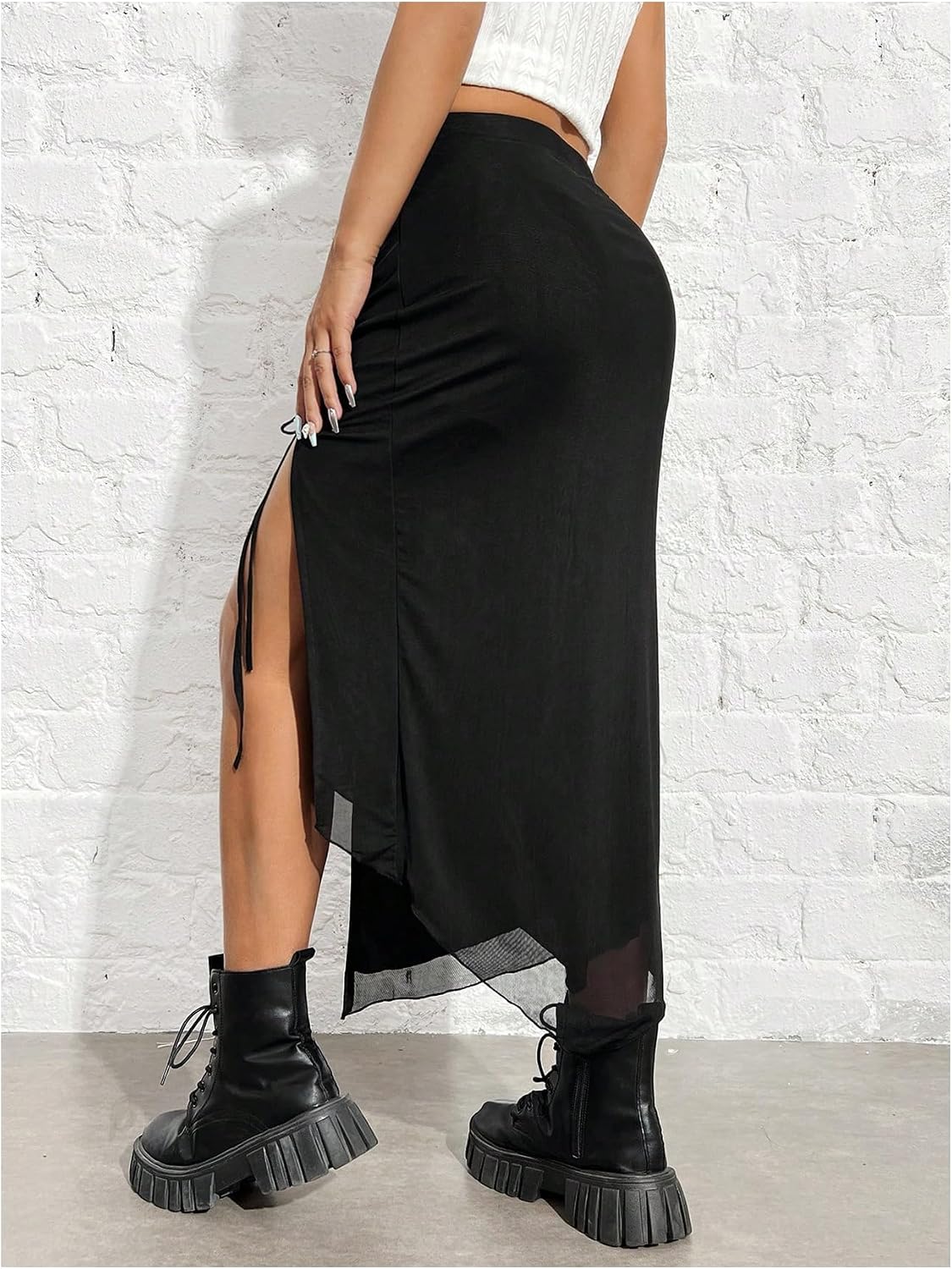SHENHE Women's High Slit Skirt Asymmetrical Mesh High Waisted Long Skirts