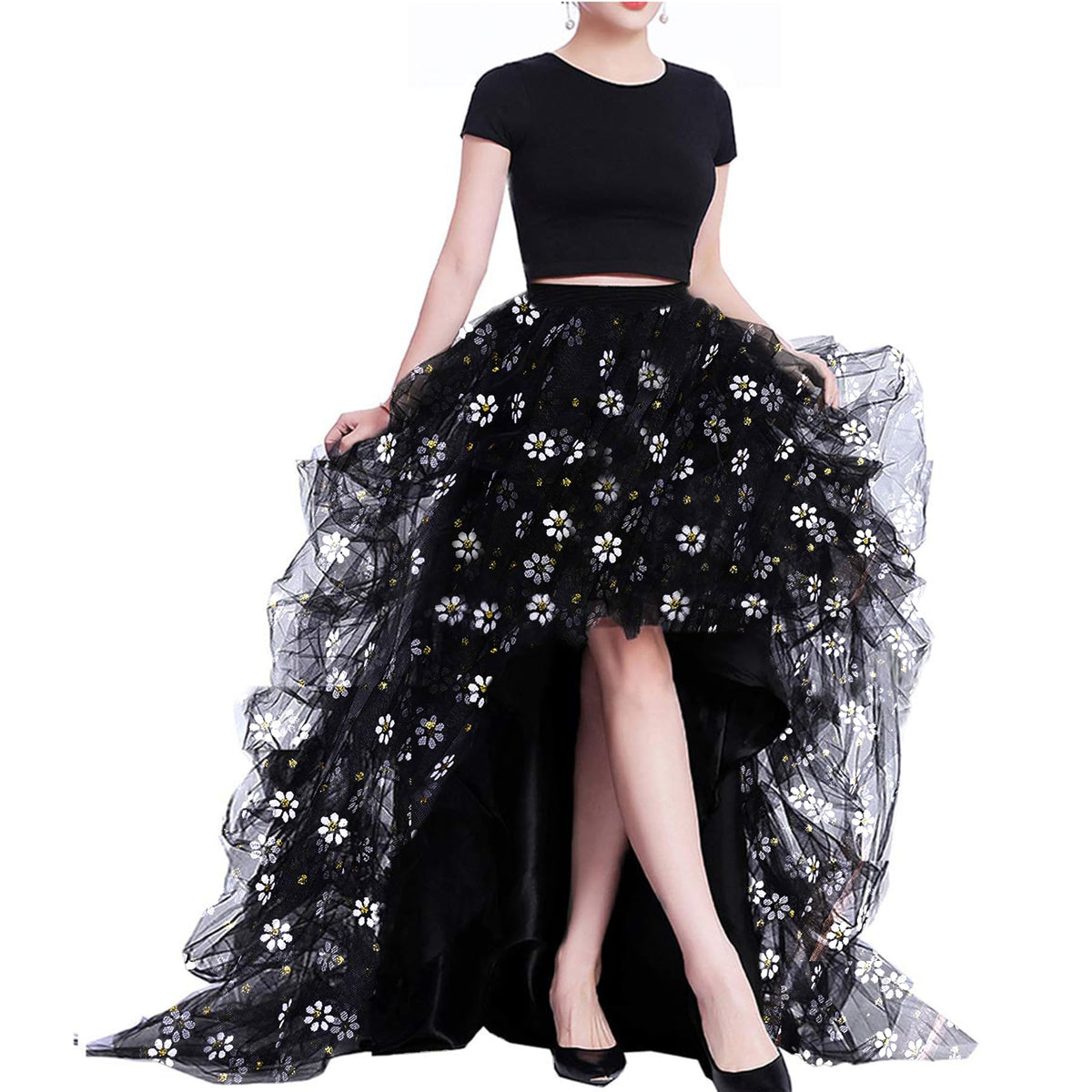 Lisong Women High Waist High Low Layered Tulle Floor Length Spectial Occasion Skirt