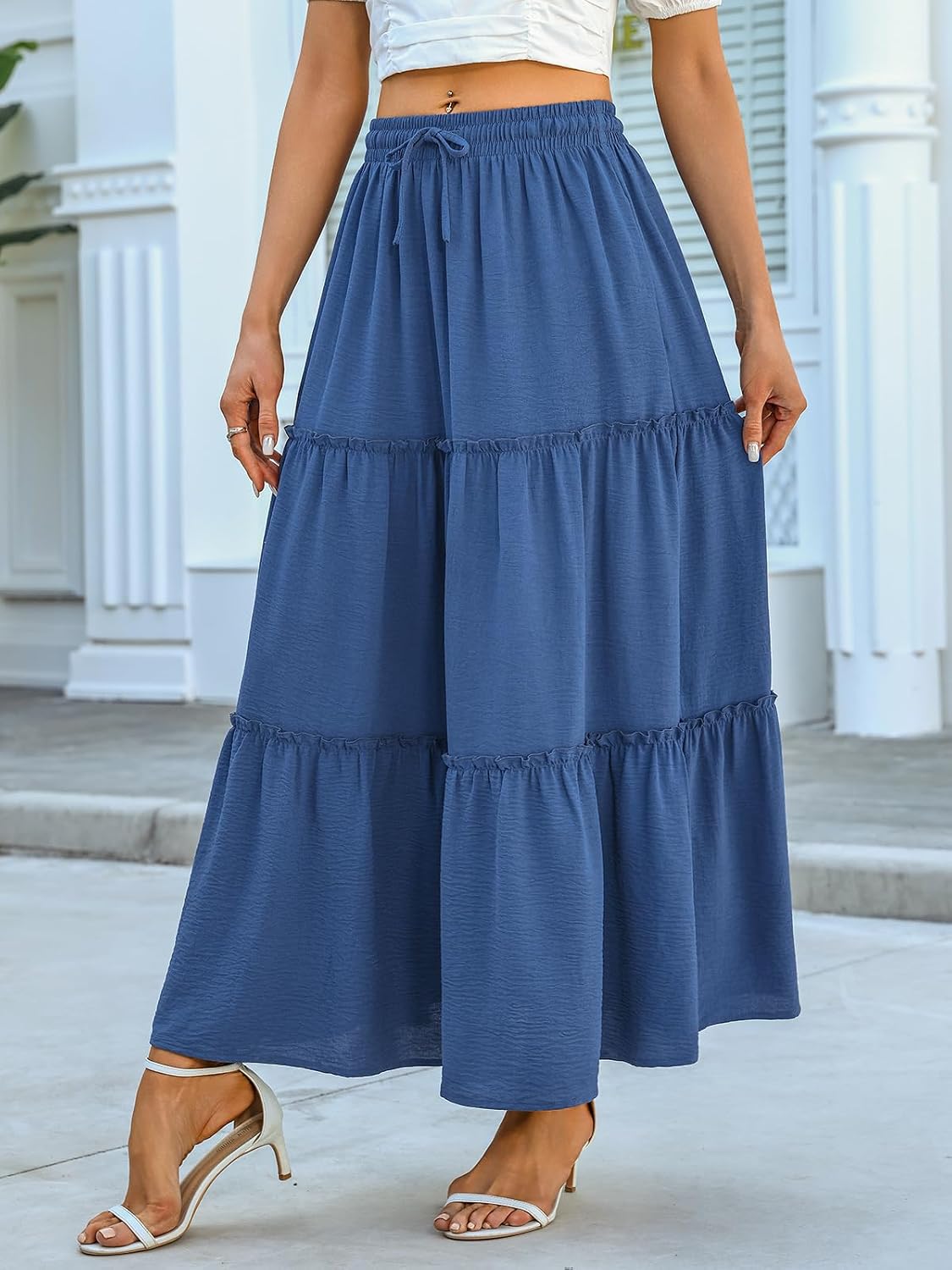 Younrui Maxi Skirts for Women 2026 Casual Elastic High Waist Tie Flowy Tiered Ruffled Long Skirt with Pockets