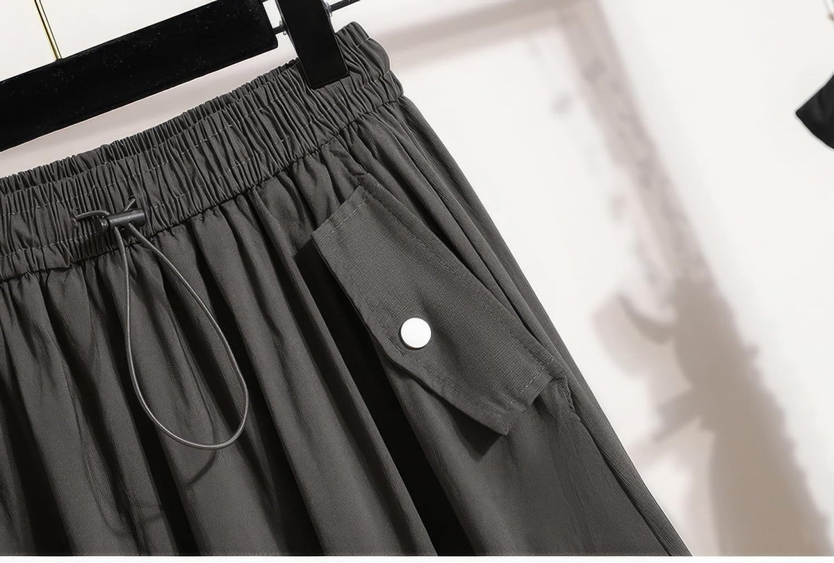 ebossy Women's Vintage Cotton Drawstring Elastic Waist Multi-Pockets Utility Pencil Long Cargo Skirts