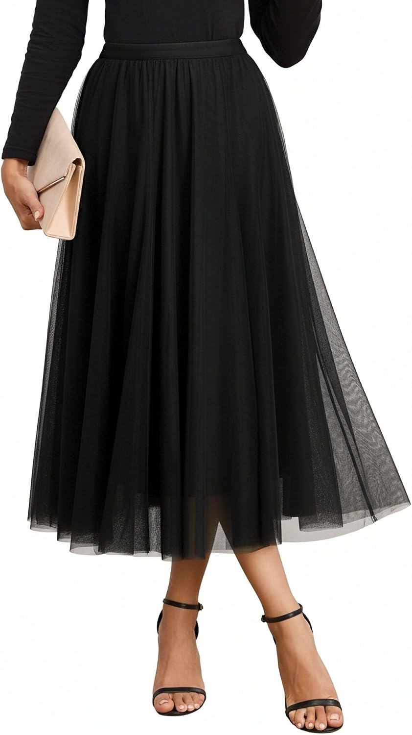 3-Season Women's Tulle Skirt Elastic High Waist A-Line Layered Flowy Long Tutu | Date Night Fall Party Casual Wear