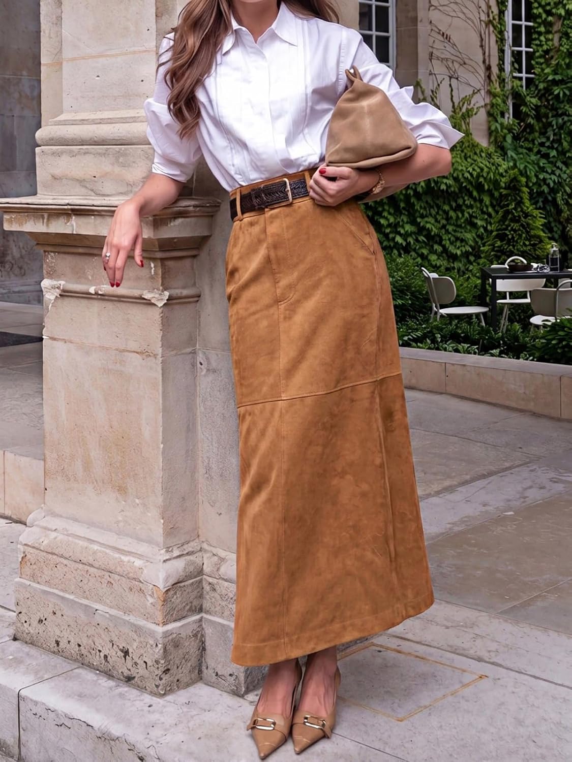Cicy Bell Womens Suede Maxi Skirt High Waisted Slit Patchwork Pencil Skirts