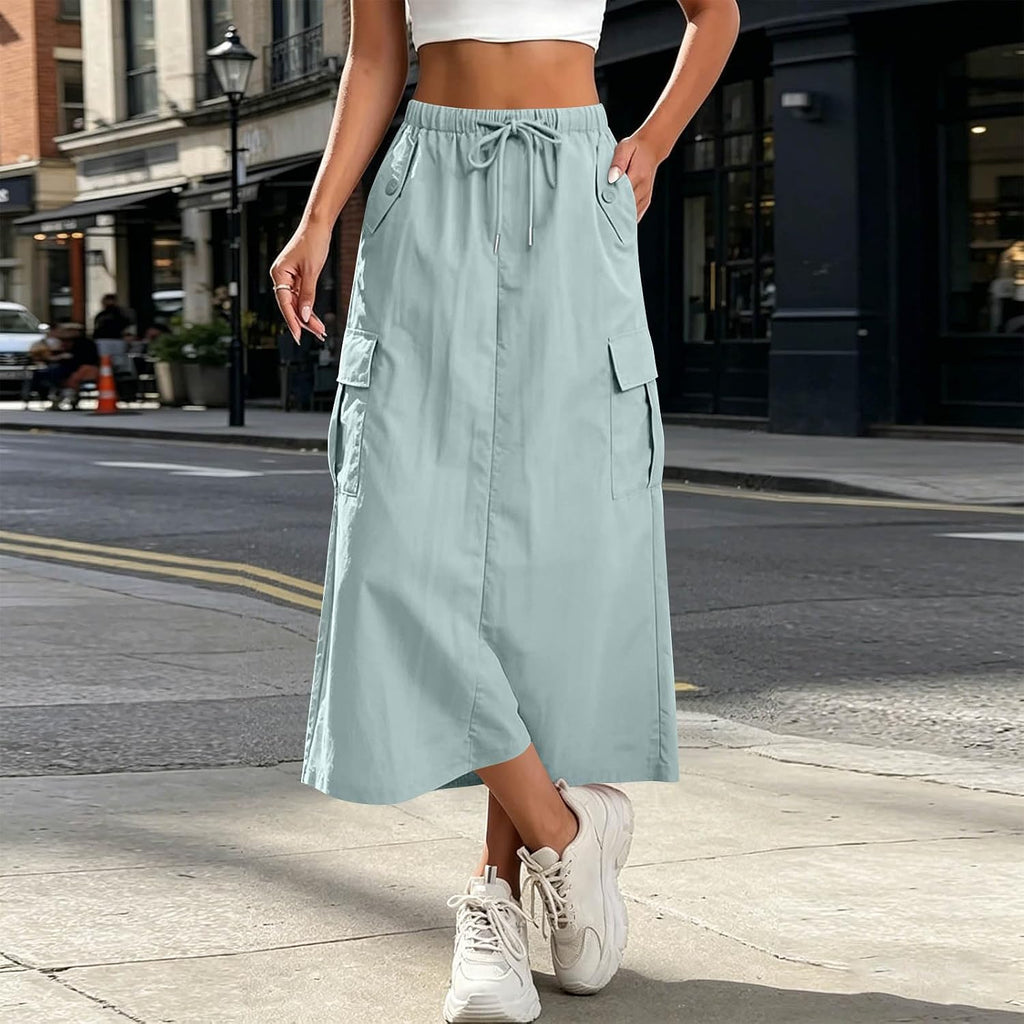 Womens Cargo Skirt High Waisted Drawstring Quick Dry Maxi Skirt Trendy Back Slit A Line Long Skirts Summer Skirts