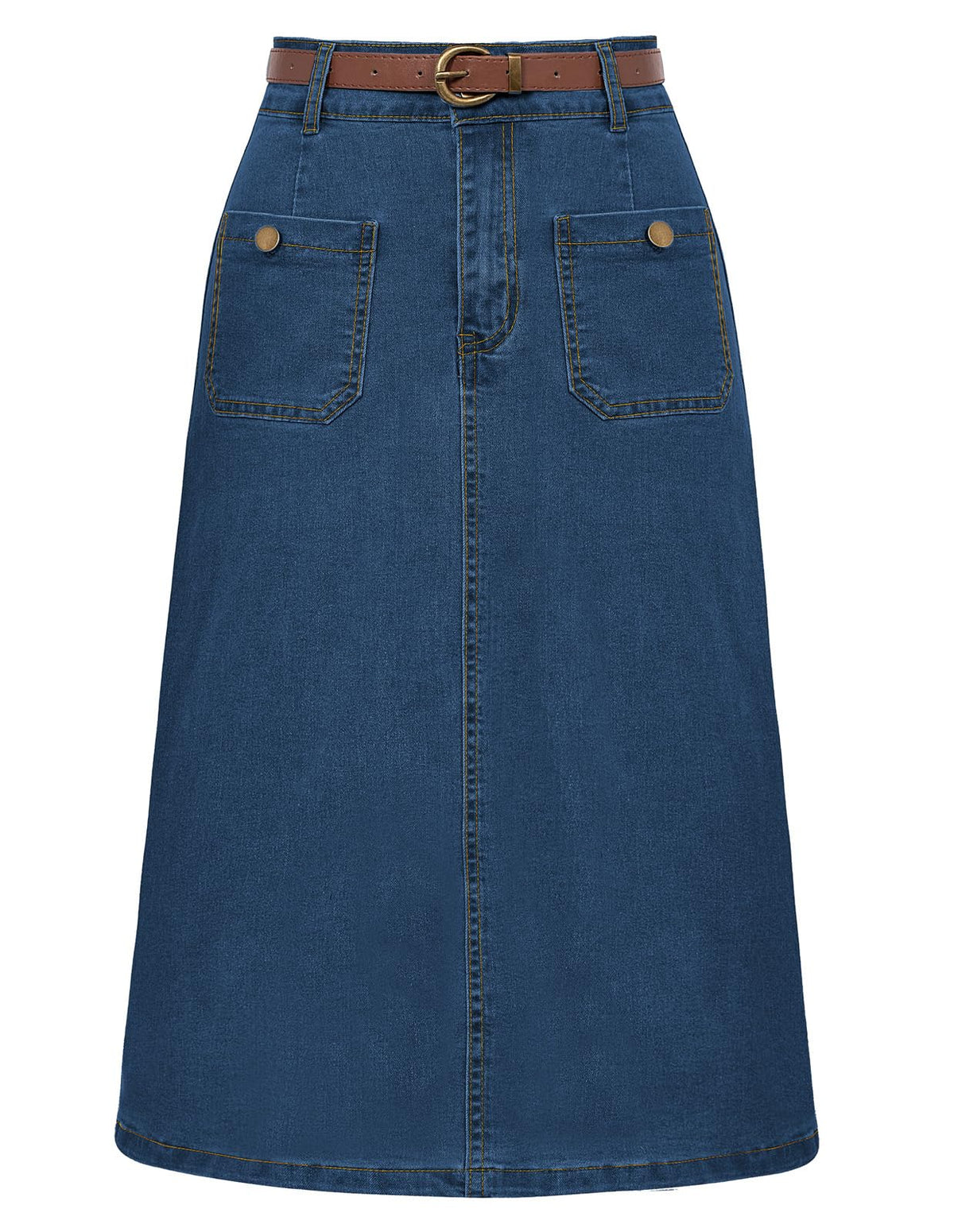 Belle Poque Denim Skirt with Belt Below Knee Length High Waisted Jean Skirts for Women