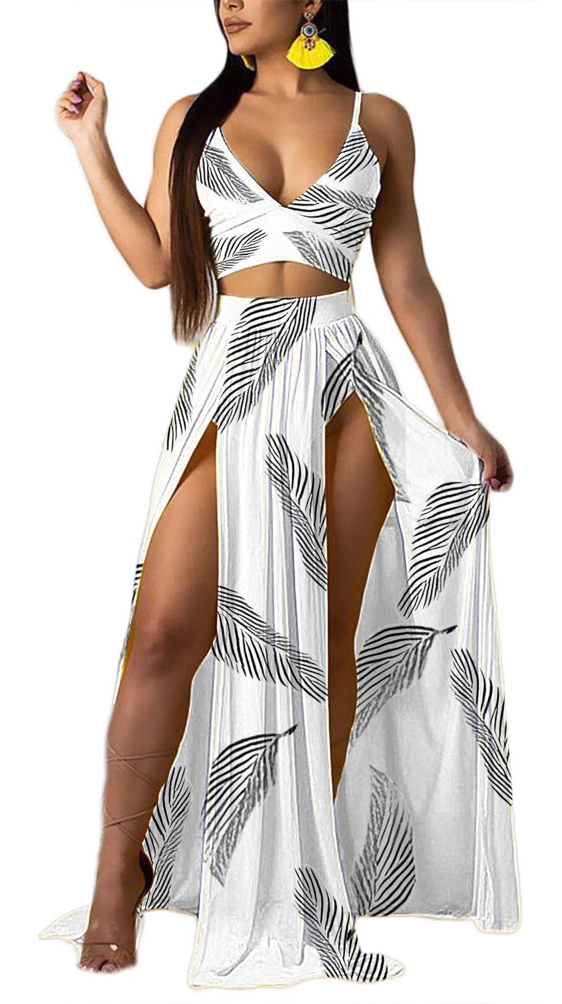 Women Sexy 2 Piece Outfits Dress Chiffon Strap Deep V Neck Bra Crop Top High Split Maxi Dresses Skirt Set