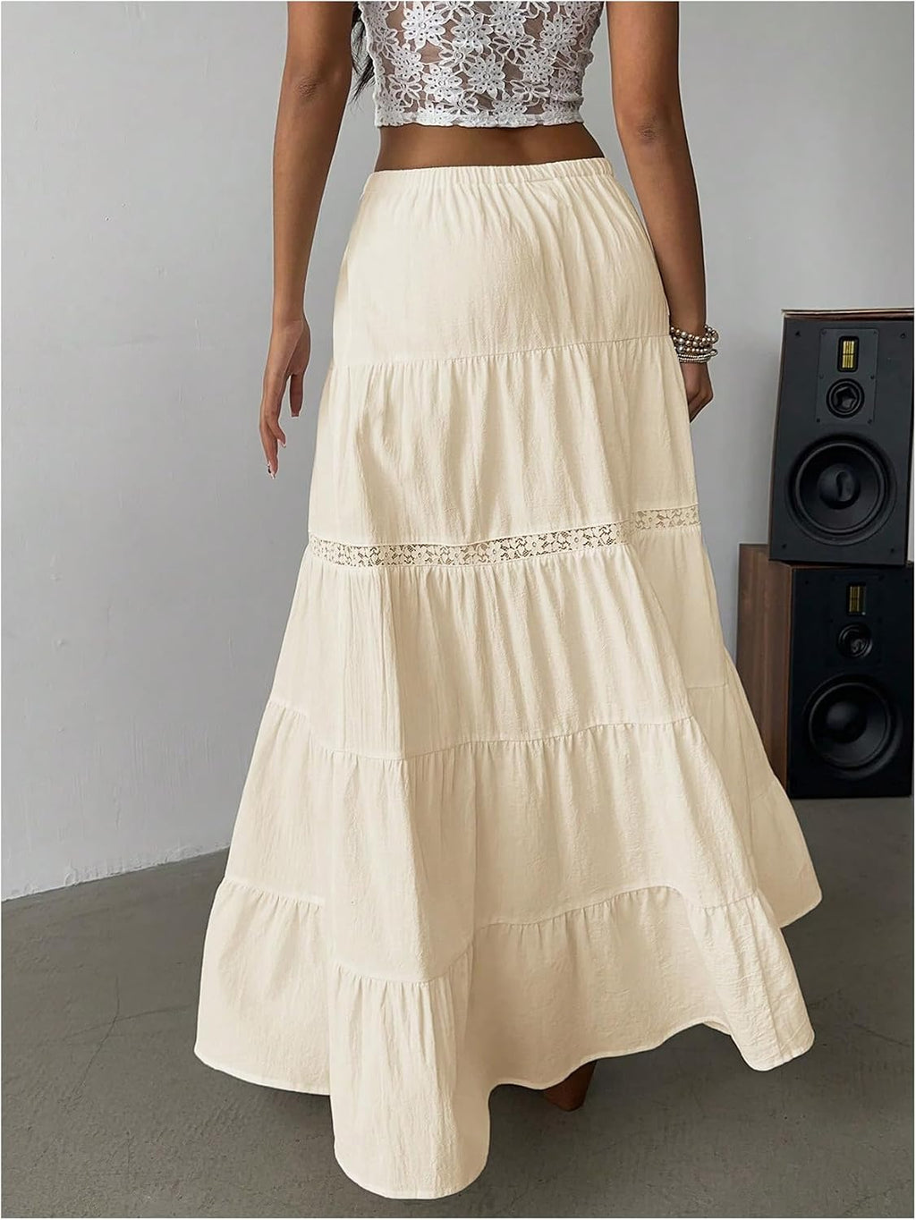 Verdusa Women's Long Maxi Skirts Boho Western Country Cncert Outfits Lace Skirt Split Layered Ruffle Skirt