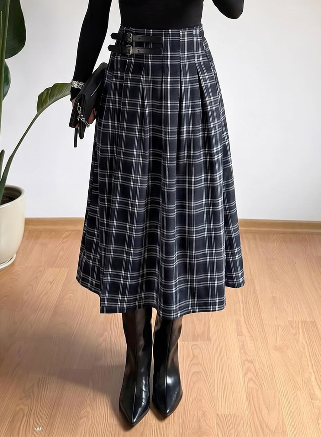 Pink Queen High Waist Side Slit Plaid Skirts for Women Midi Length