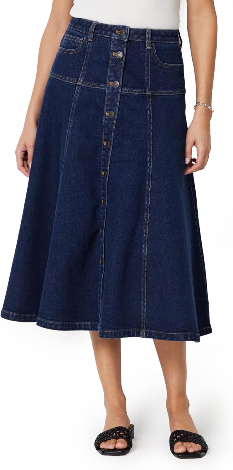 Amazon Essentials Women's A-Line High-Rise Denim Button-Down Midi Skirt