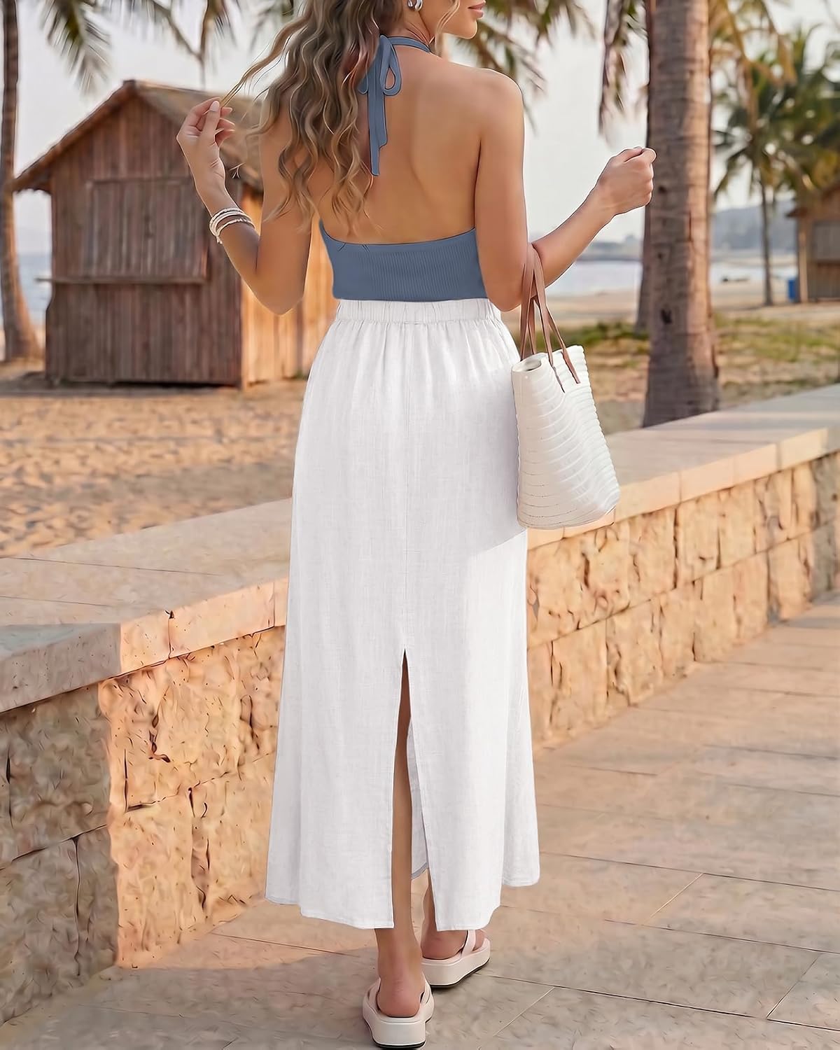 Women's Linen Maxi Skirt Back Slit High Waisted White Long Skirts