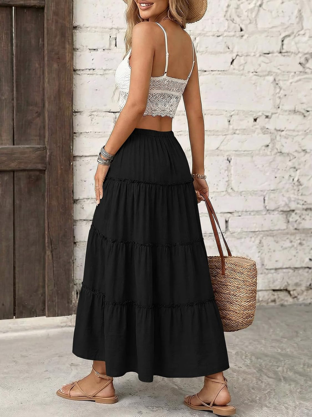 Trendy Queen Long Skirts for Women Slit Maxi Boho Skirt Summer Vacation Outfits A-Line Dress with Pockets Fashion