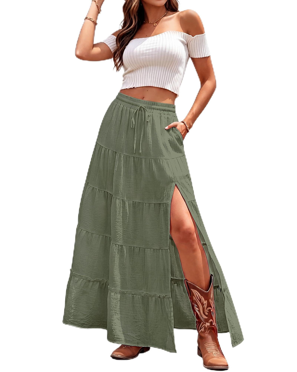Bsubseach Women Boho Maxi Skirt High Slit Long Flowy Skirt with Pockets