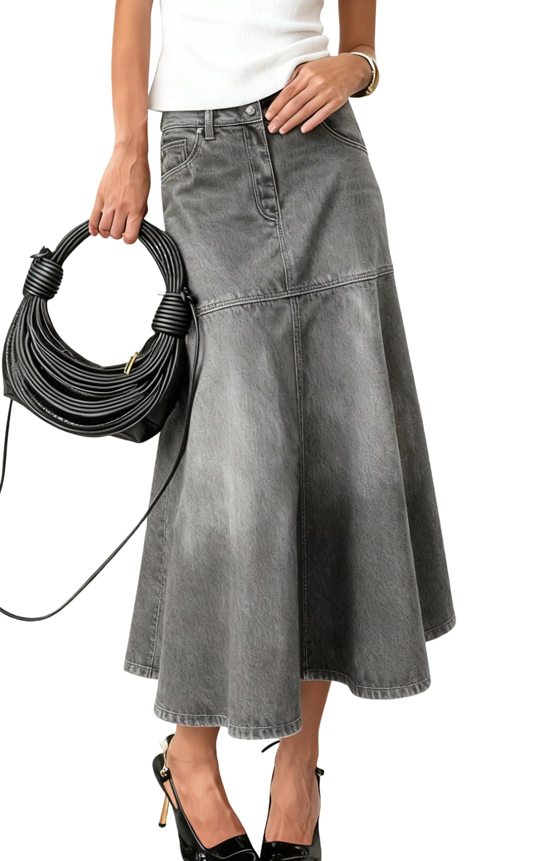 chouyatou Women's Elegant A-Line Pleated Jean Skirt Western Distressed Midi Long Fishtail Denim Skirt