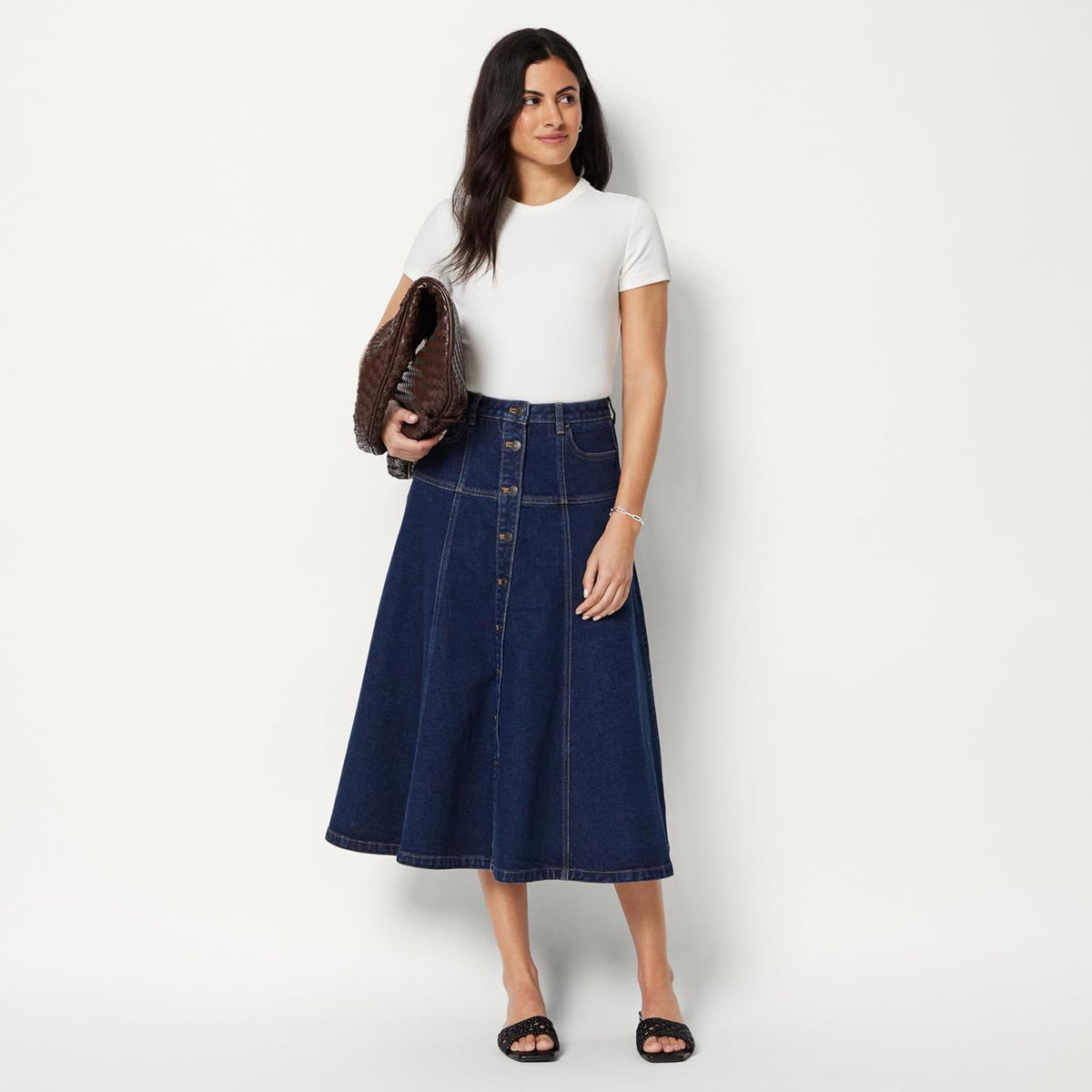 Amazon Essentials Women's A-Line High-Rise Denim Button-Down Midi Skirt