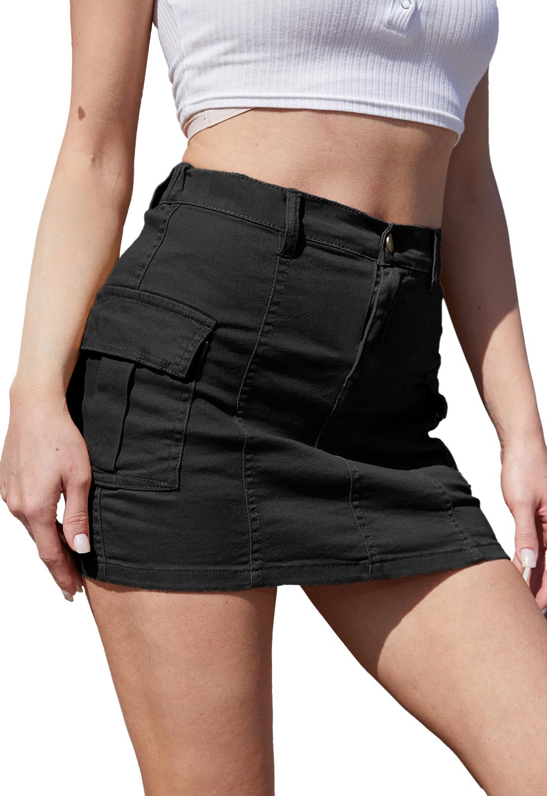 HERBATOMIA Women’s Cargo Mini Skirt Y2k Bodycon Button Stretchy Low Waist Solid Sexy Short Skirts for Women with Flap Pocket