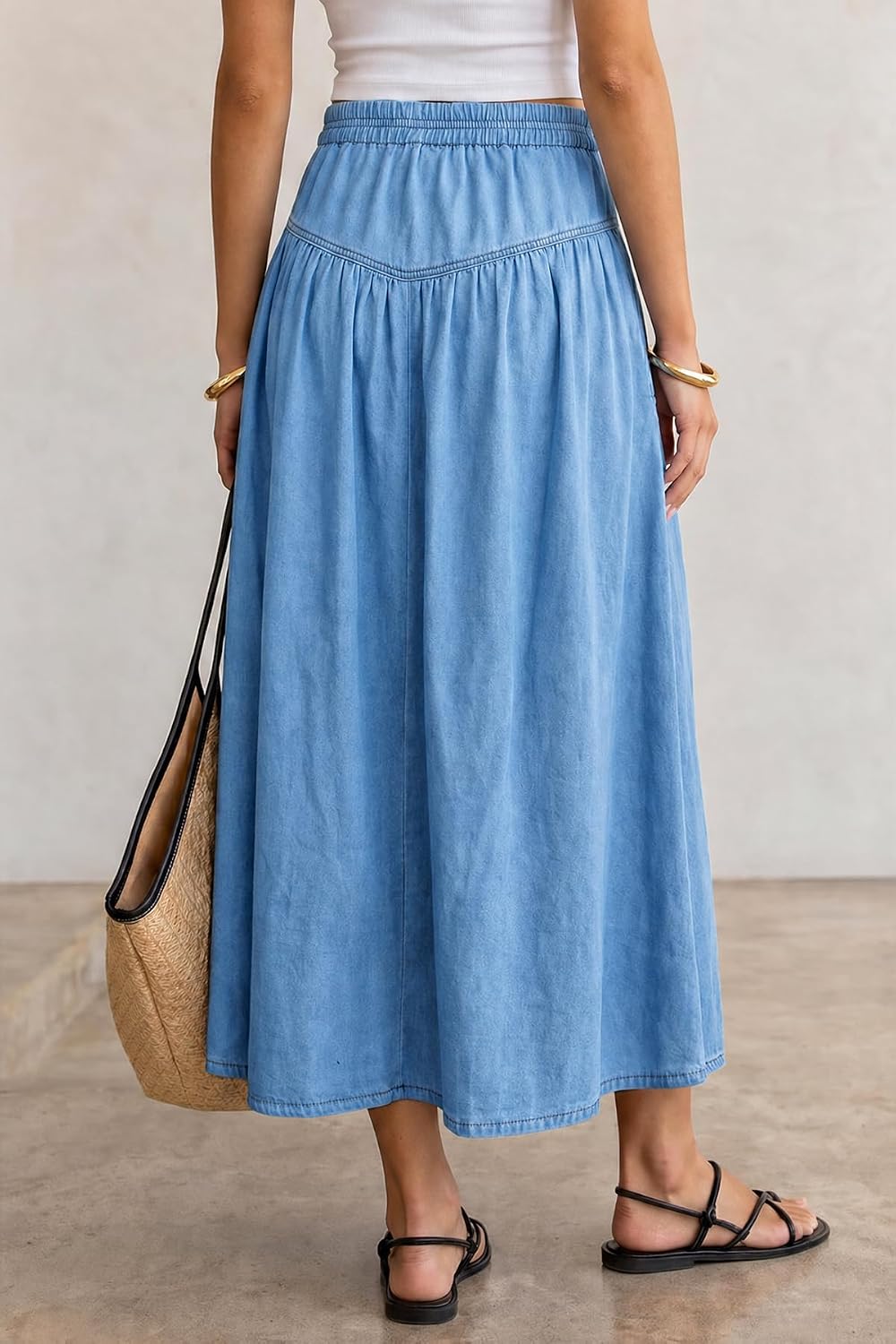 Flowyair Womens Drawstring High Waisted Denim Midi Skirts Casual A-Line Button Front Pleated Jean Long Skirts with Pockets