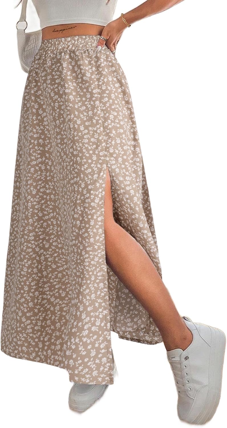 Avanova Women Boho Floral Slit Maxi Skirt Split Thigh High Waisted Long Skirts