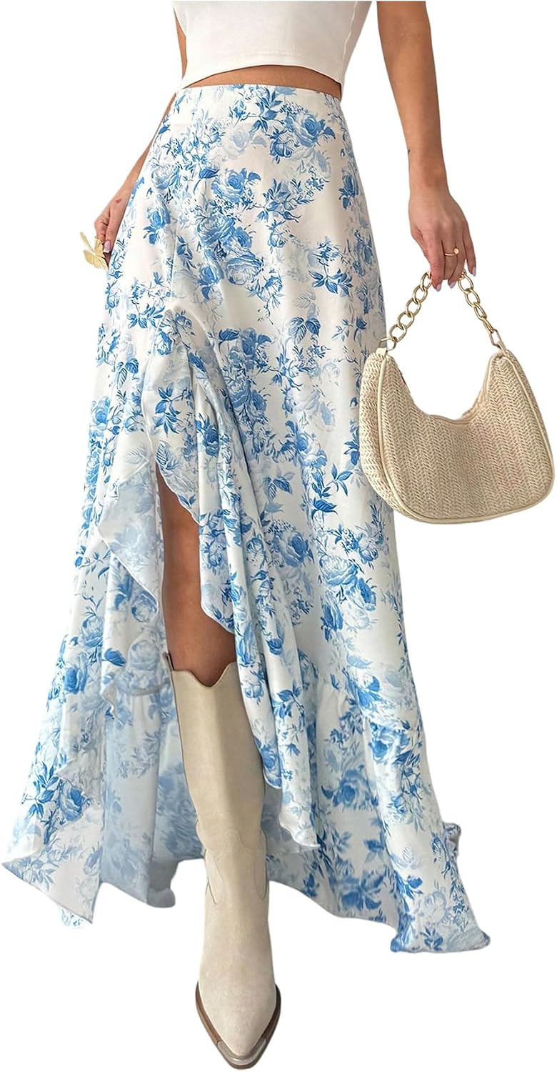 Floerns Women's Floral Maxi Skirts High Waisted Slit Tiered Ruffle Hem Long Skirts