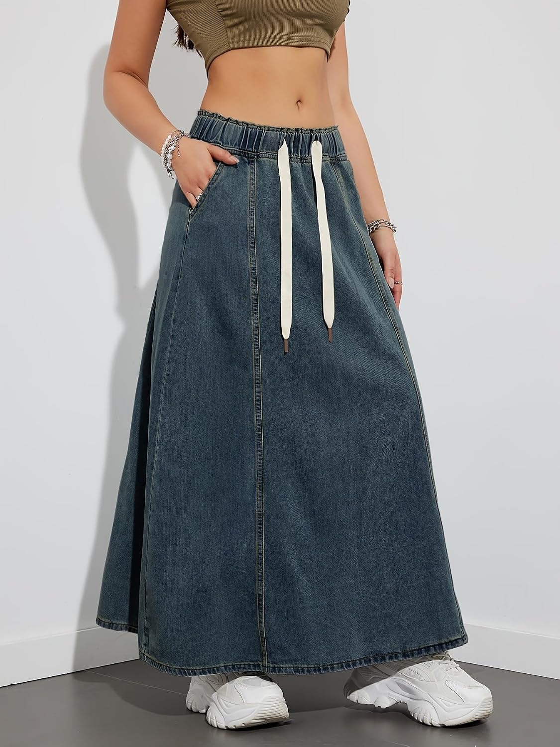 chouyatou Women's Casual Paperbag Elastic High Waist A Line Long Maxi Flare Denim Skirt