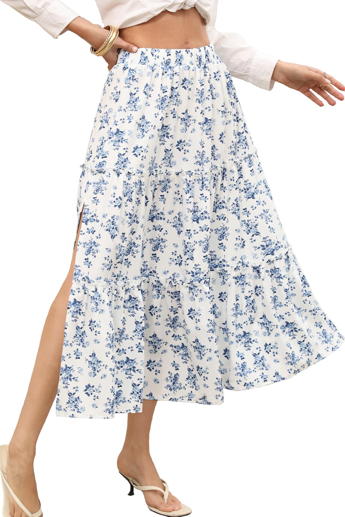 ELLEVEN Women's Floral Maxi Skirt Boho Flowy High Waisted A-Line Tiered Ruffle Skirt with Side Slit