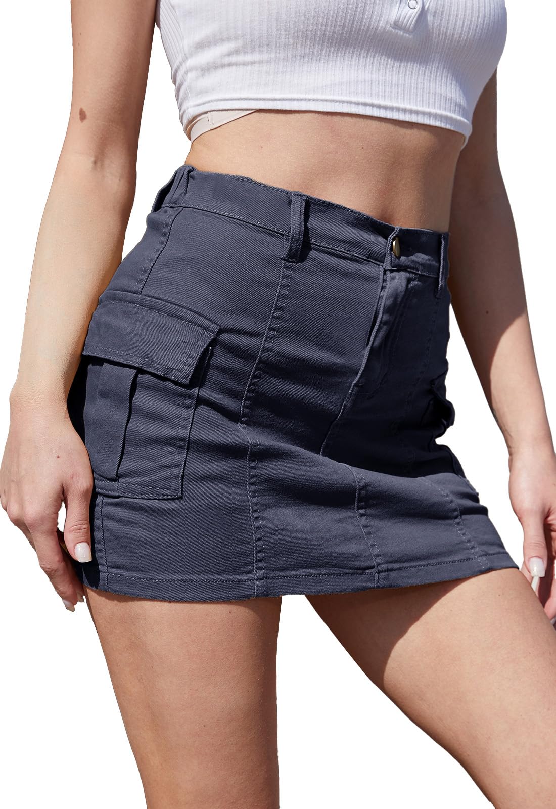 HERBATOMIA Women’s Cargo Mini Skirt Y2k Bodycon Button Stretchy Low Waist Solid Sexy Short Skirts for Women with Flap Pocket