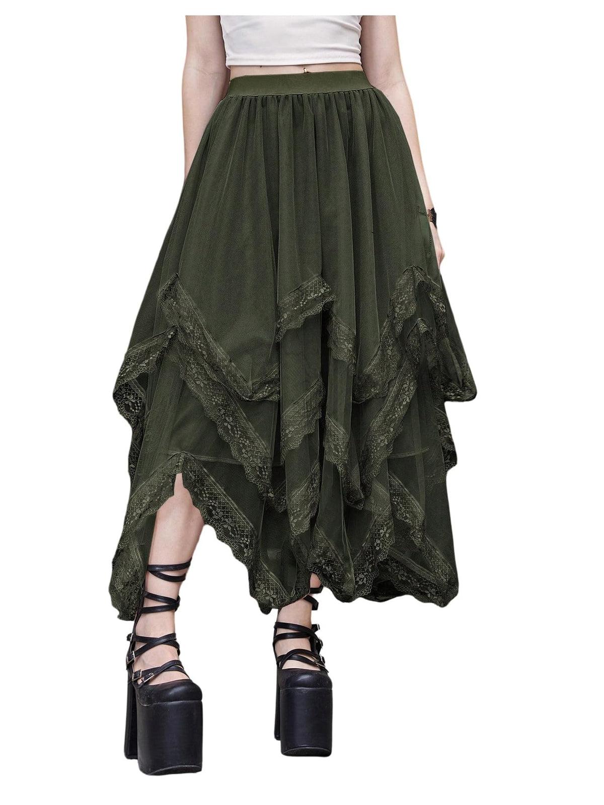 SHENHE Women's Lace Trim Layered Mesh Tulle Skirt Asymmetrical Goth Skirt