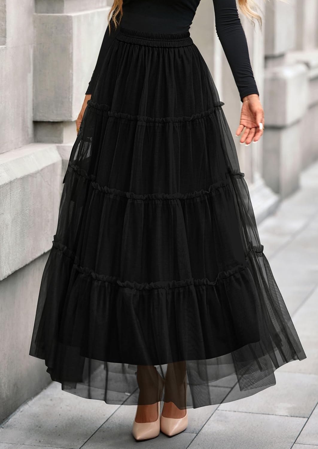 PRETTYGARDEN Women's Fall Soft Tulle Tiered Long Skirt