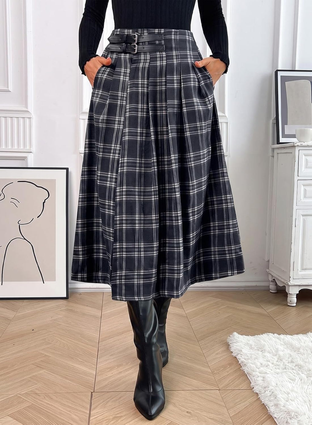 Pink Queen High Waist Side Slit Plaid Skirts for Women Midi Length