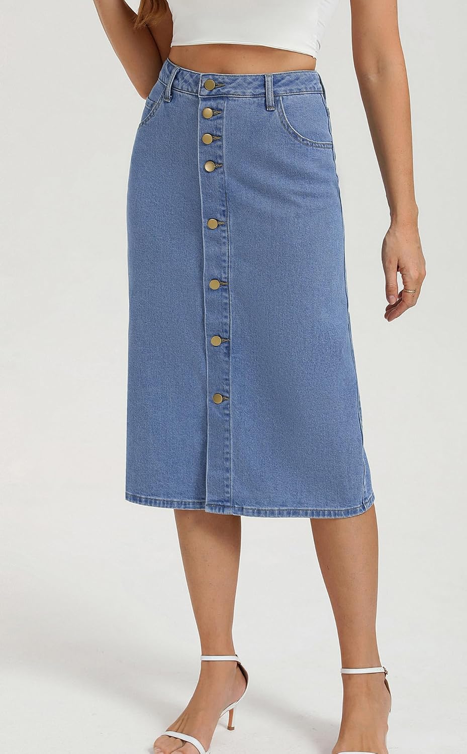 Belle Poque Jean Skirts for Women Denim High Waisted Stretch Below Knee Length Button Front Slit Midi Skirt with Pockets