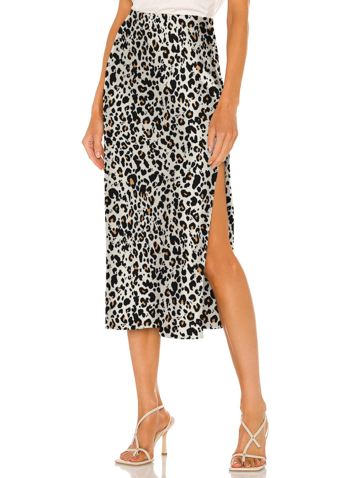 Womens Satin Silk High Waist Slit Midi Skirt Elastic Waistband Midi Skirts for Women
