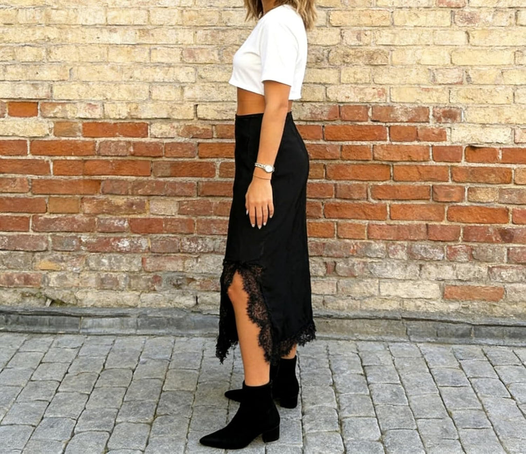 Women's Satin Skirt High Waisted Side Split Asymmetric Lace Patchwork Midi Skirt Bodycon Long Skirts Trendy