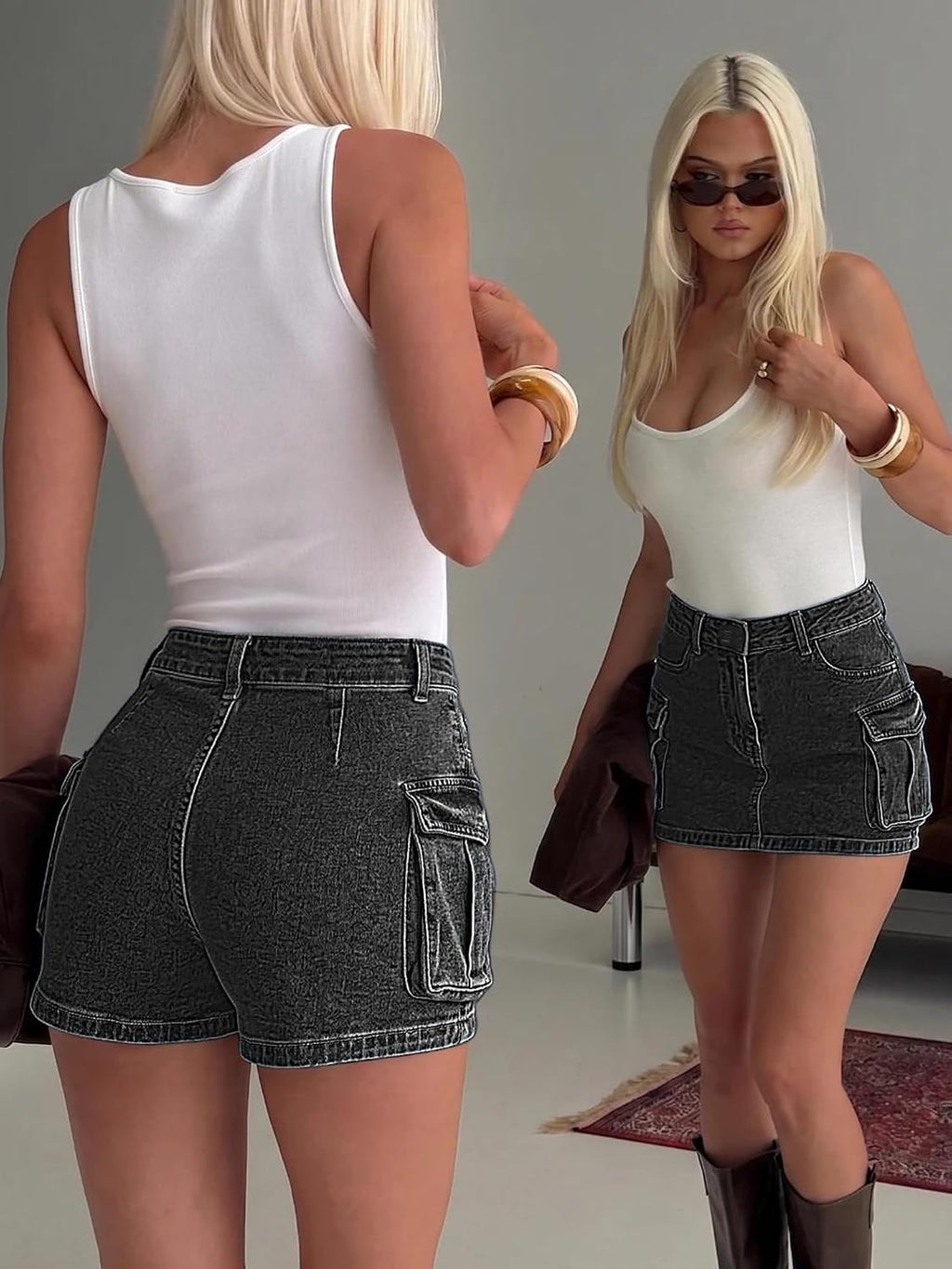 ELLEVEN Women's High Stretch Denim Cargo Skort High Waisted Y2K Jean Skirt