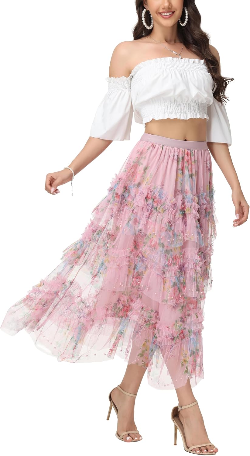 Sparkly Tulle Skirt for Women Floral Beaded Tiered Midi Length High Waist A Line Fairy Cake Party Skirt