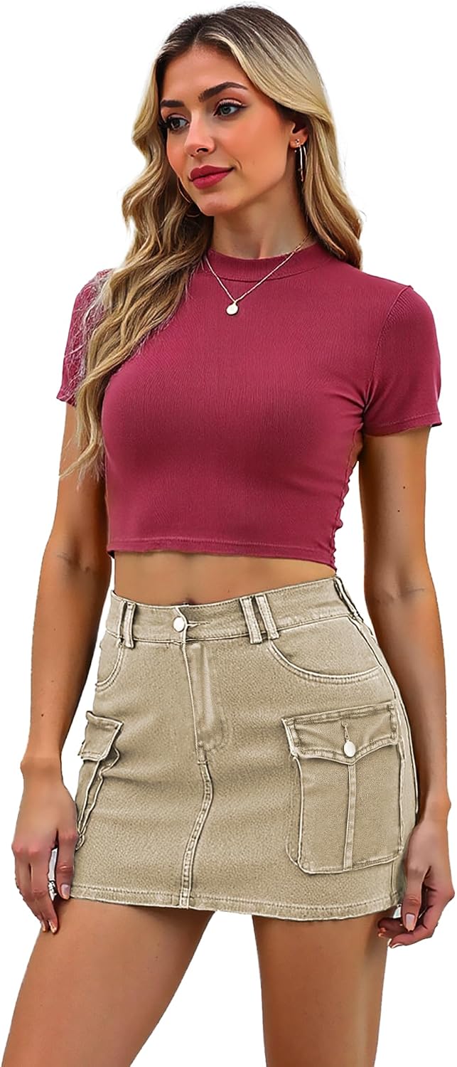 Buauty Women Denim Cargo Skirt Y2K, Mini Low Waist Jean Skirts Bodycon Flap Pockets 2026 Trendy Short