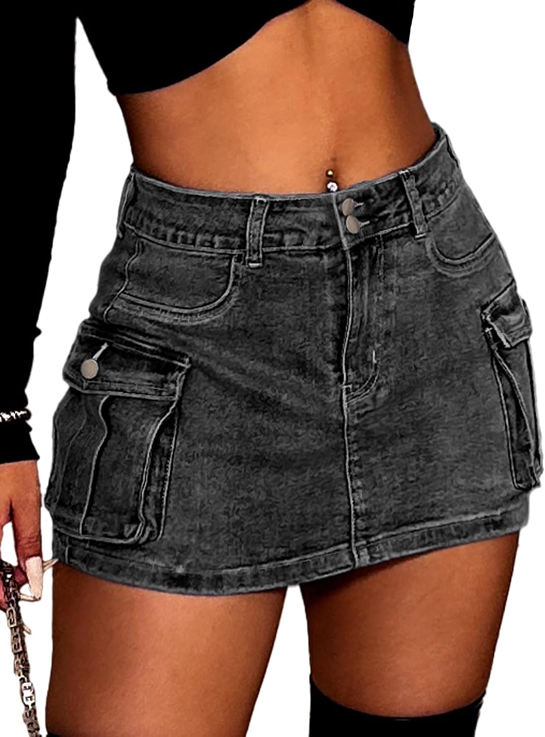 ELLEVEN Women's High Stretch Denim Cargo Skort High Waisted Y2K Jean Skirt