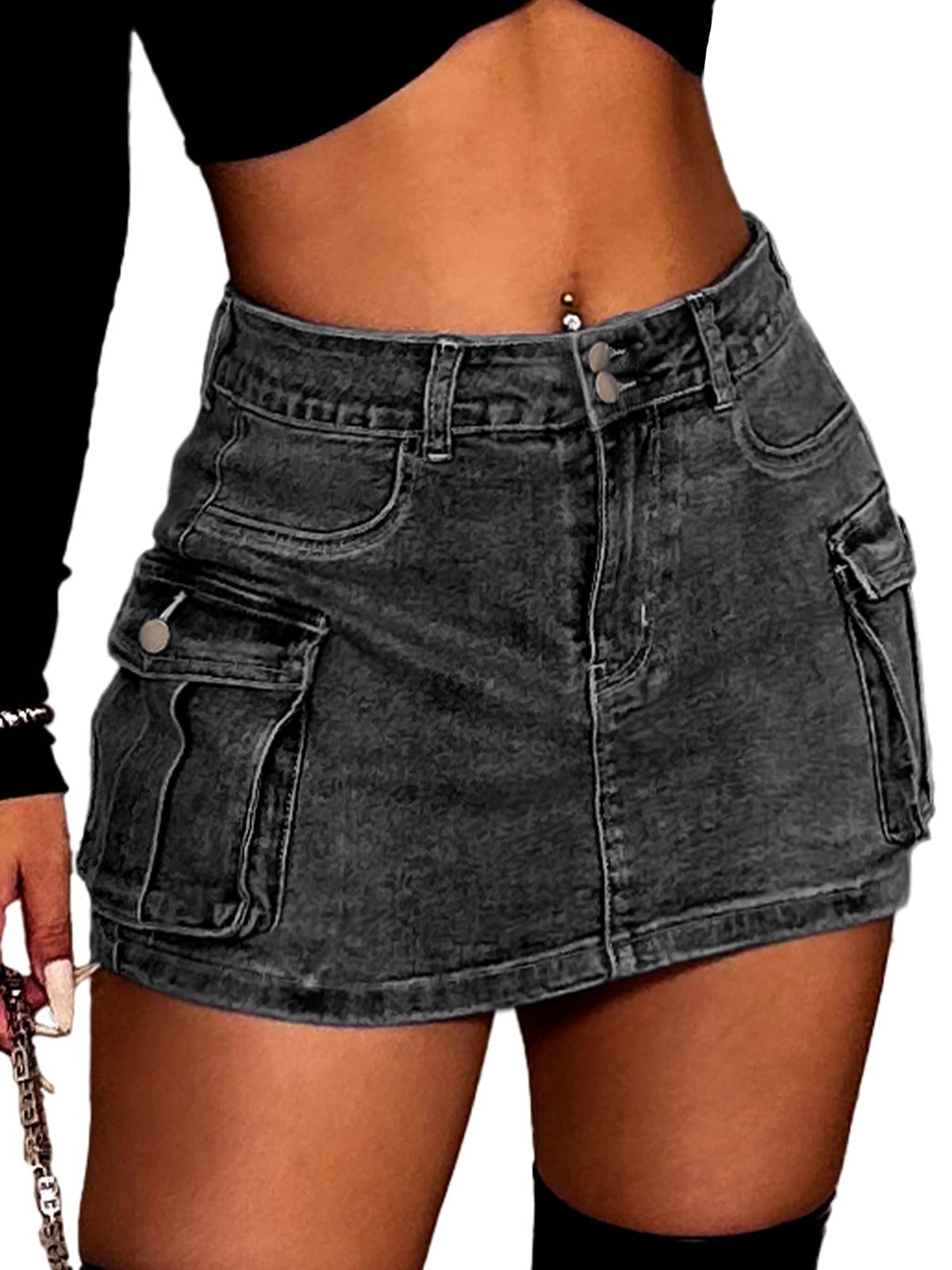 ELLEVEN Women's High Stretch Denim Cargo Skort High Waisted Y2K Jean Skirt