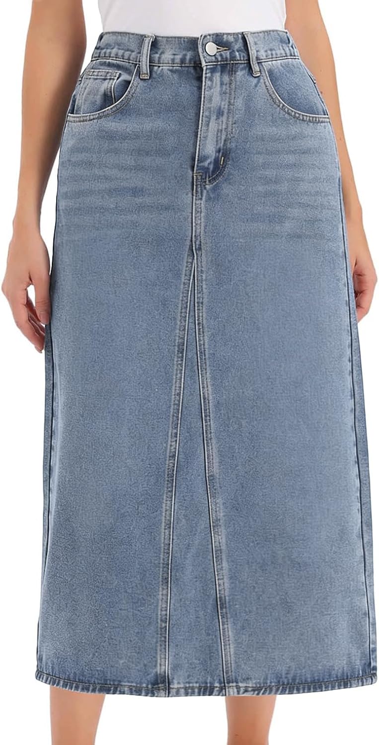 ebossy Women's Vintage Denim Skirt High Waist A Line Back Slit Mid Long Wash Jean Skirt with Pockets
