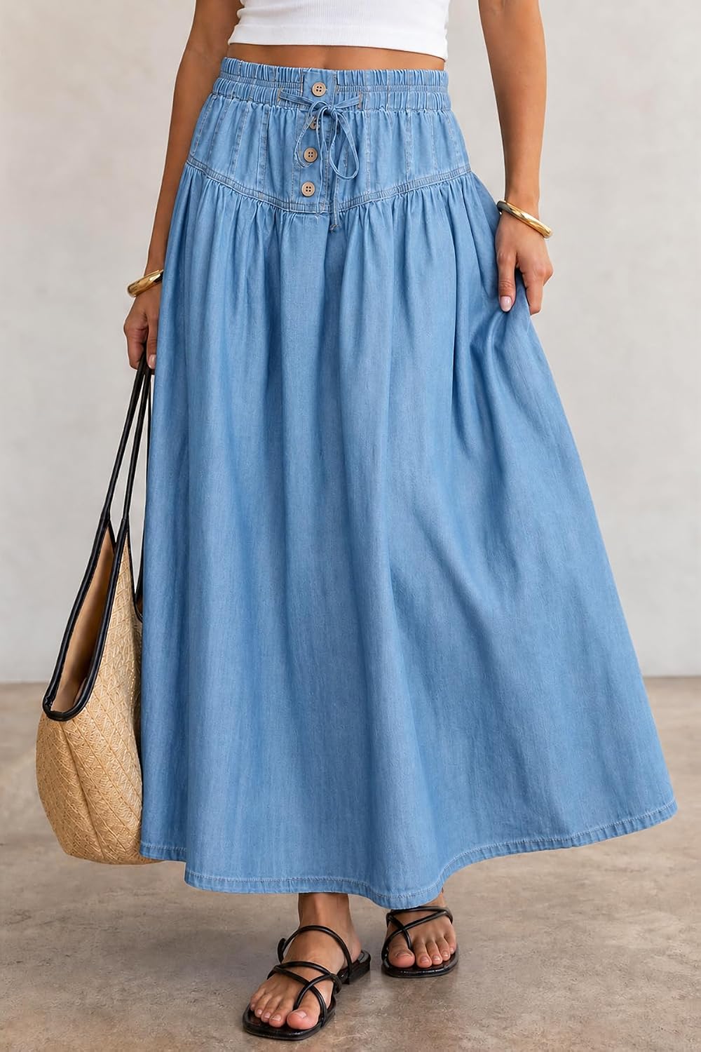 Flowyair Womens Drawstring High Waisted Denim Midi Skirts Casual A-Line Button Front Pleated Jean Long Skirts with Pockets