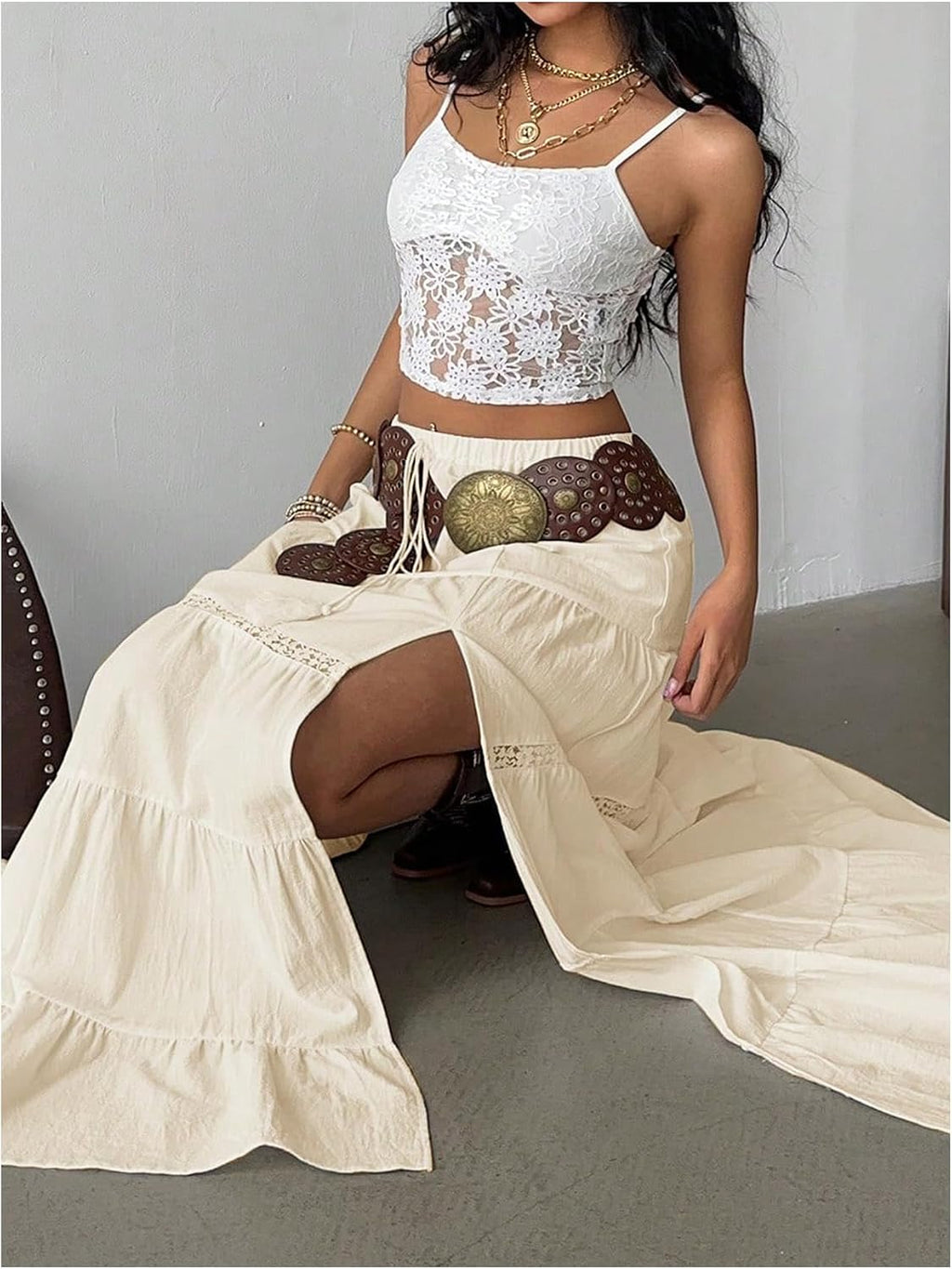 Verdusa Women's Long Maxi Skirts Boho Western Country Cncert Outfits Lace Skirt Split Layered Ruffle Skirt