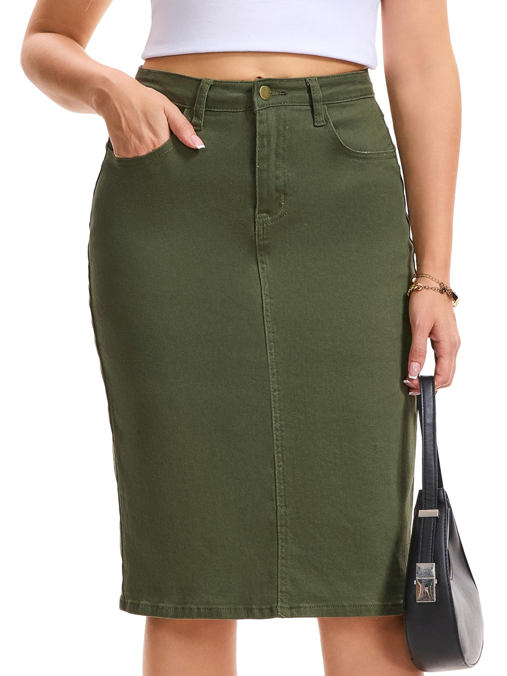 Women's Jean Skirt Back Slit Stretch Below Knee Length Denim Skirts