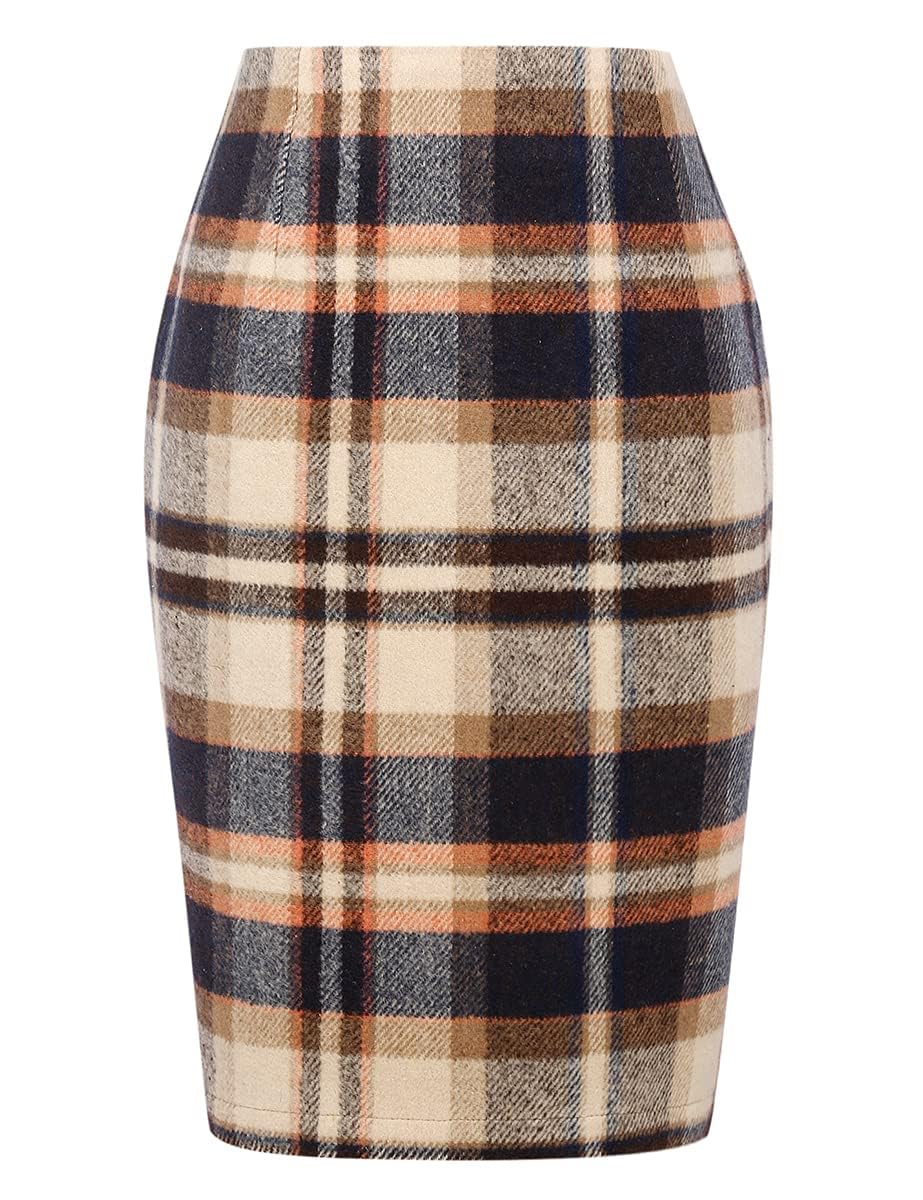 IDEALSANXUN Plaid Skirts for Women Fall Winter Knee Length Pencil Wool Skirt with Slit
