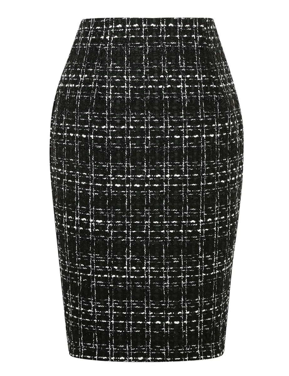 IDEALSANXUN Plaid Skirts for Women Fall Winter Knee Length Pencil Wool Skirt with Slit